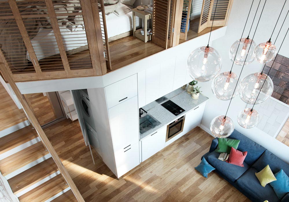 Hangulatos hálószoba a galérián - kis lakás nagy belmagassággal, világos, természetes dekorációval Hangulatos hálószoba a galérián - kis lakás nagy belmagassággal, világos, természetes dekorációval