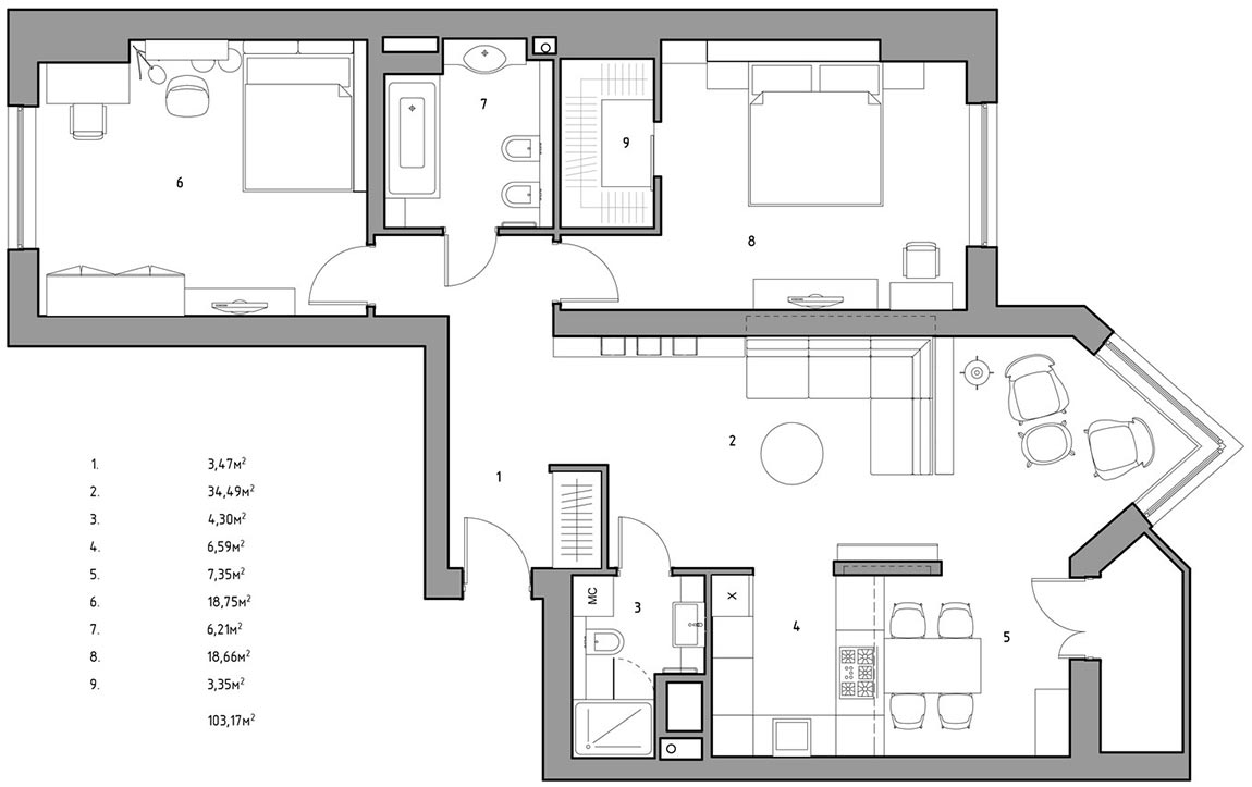 Alaprajz - Holisztikus színválasztás és lakberendezés egy 103m2-es háromszobás lakásban - meleg barna, élénk zöld, szürke, sárga, kék árnyalatok