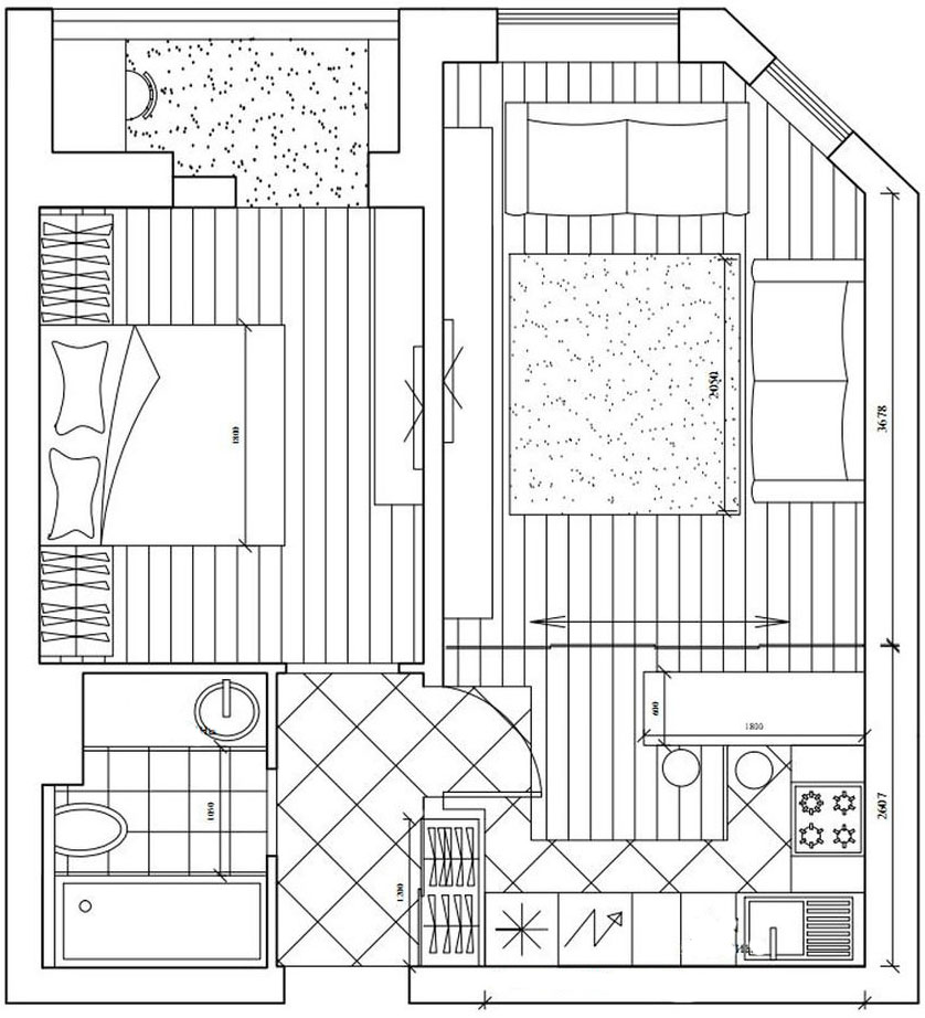 Alaprajz - Konyha és nappali egy térben, eltolható üveg válaszfallal elkülöníthető a két zóna - 50m2-es lakás