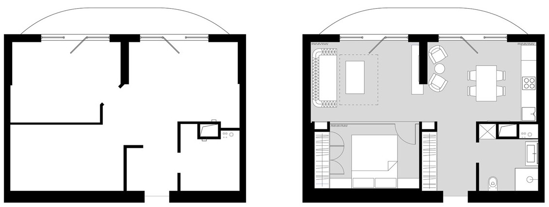 Alaprajz - Elegáns, modern 50m2-es lakás tiszta vonalakkal, különleges hálószobával és látványos hangulatvilágítással