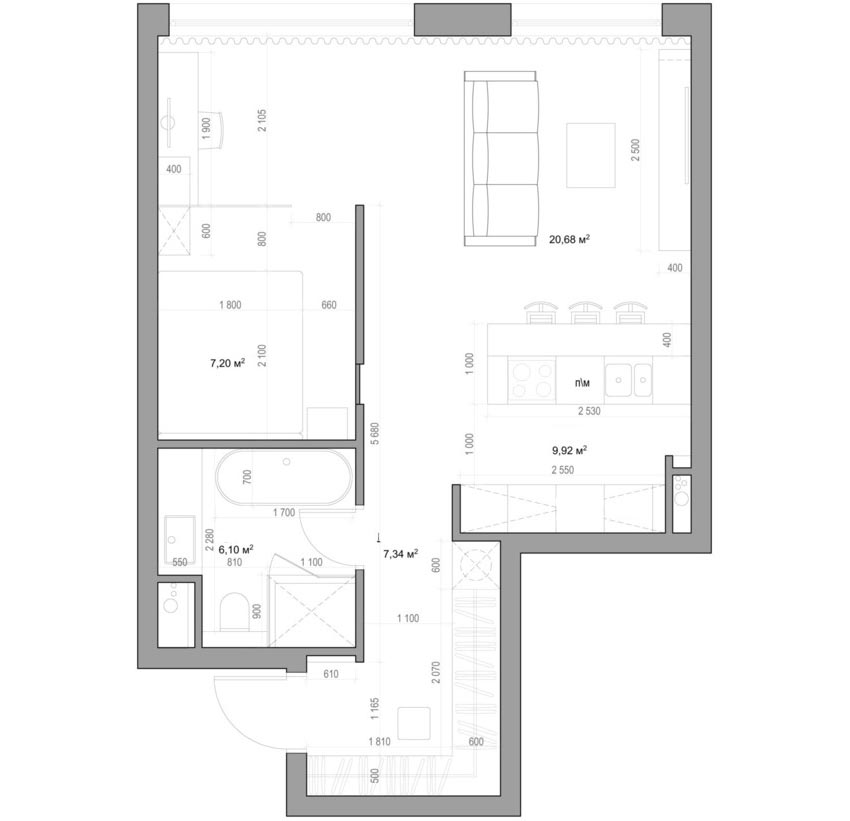 50m2-es modern lakás minimál lakberendezéssel egy párnak - nyitott tér, elkülönített háló zóna