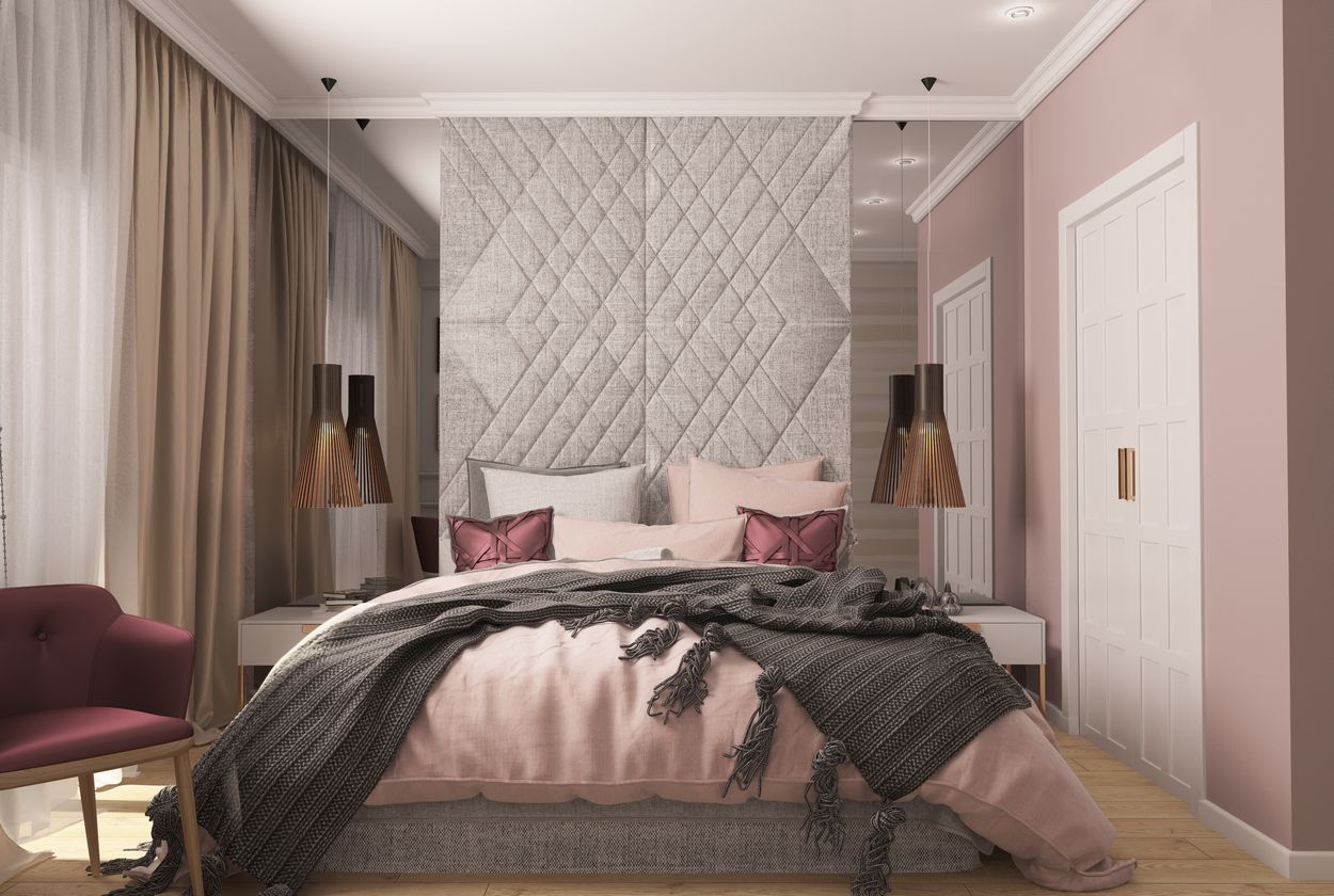 Rózsaszín, szürke és fa felületek harmóniája egy fiatal lánynak tervezett 51m2-es lakásban