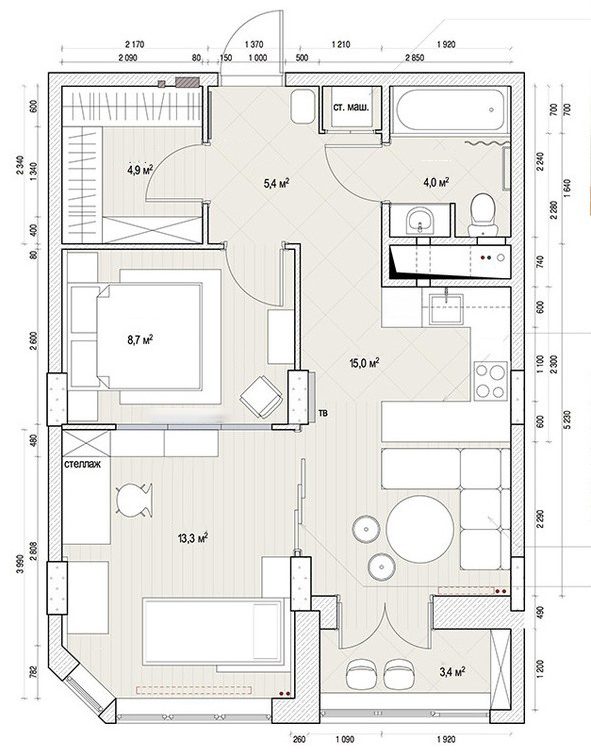Alaprajz - 53m2-es lakás, kevés ablak - példa külön hálószoba és kényelmes konyha, étkező kialakítására