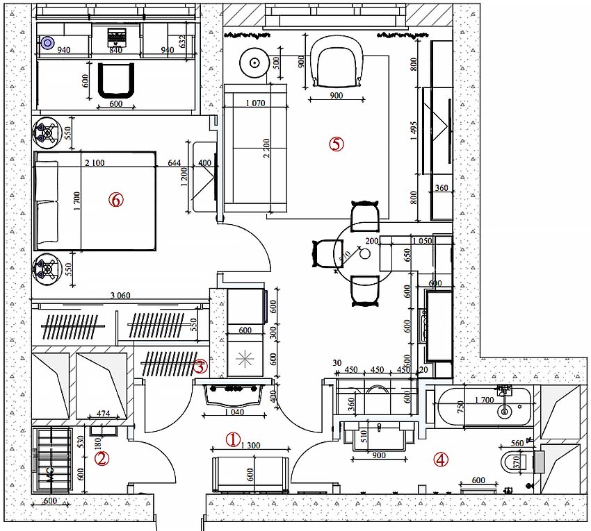 Alaprajz - Látványos mintás kék tapéta a hálóban, fehér konyha-nappali - fiatal lány kétszobás, 55m2-es lakása klasszikus stílusban