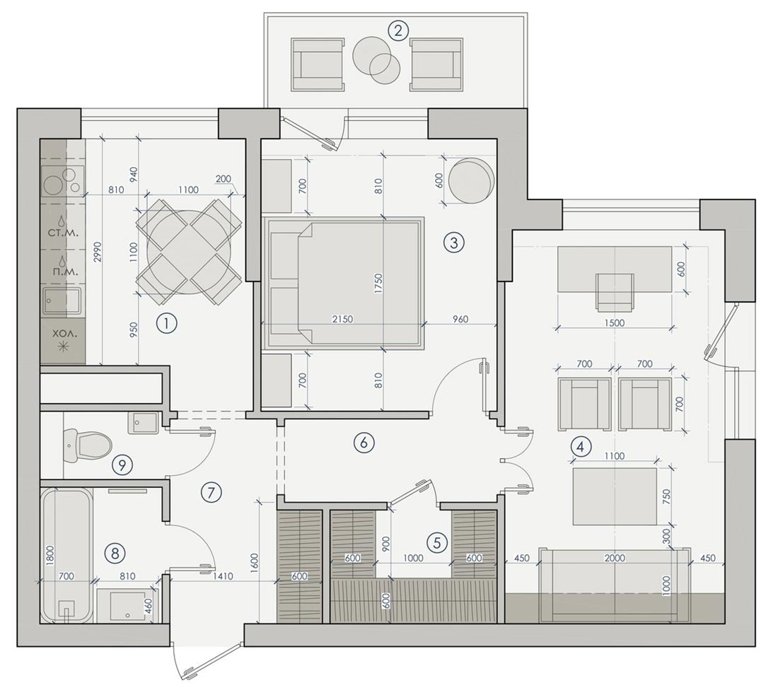 Alaprajz - Szimpla, de nem unalmas lakberendezésre példa egy 55m2-es kétszobás lakásban - kék konyhabútor, piros ágyvég