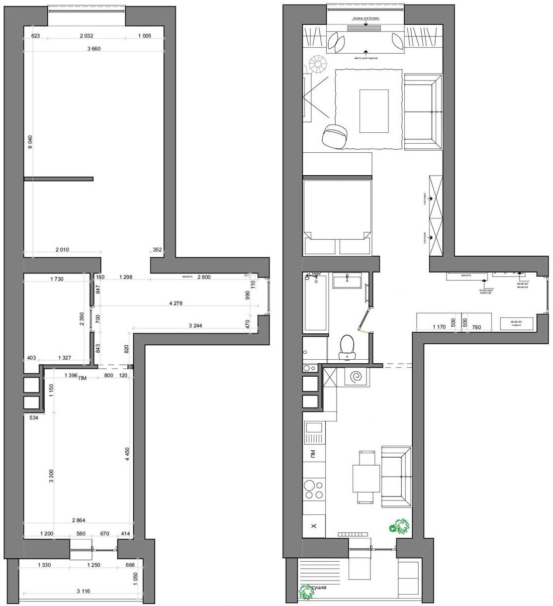 Alaprajz - 51m2, keskeny alaprajz - egyszobás lakás optimális berendezése IKEA bútorokkal - skandináv lakberendezés semleges színpalettával