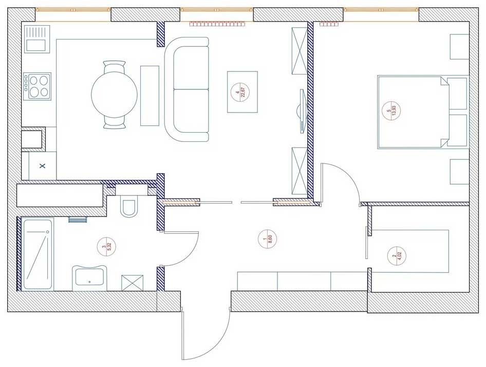 Alaprajz - Szép lakások - 55m2-es kétszobás otthon, pasztell színek, lila és púder árnyalatok, klasszikus lakberendezés