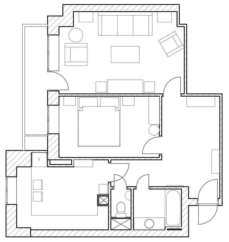 Alaprajz - 55m2-es kétszobás lakás természetes anyagokkal és a kék árnyalataival dekorálva