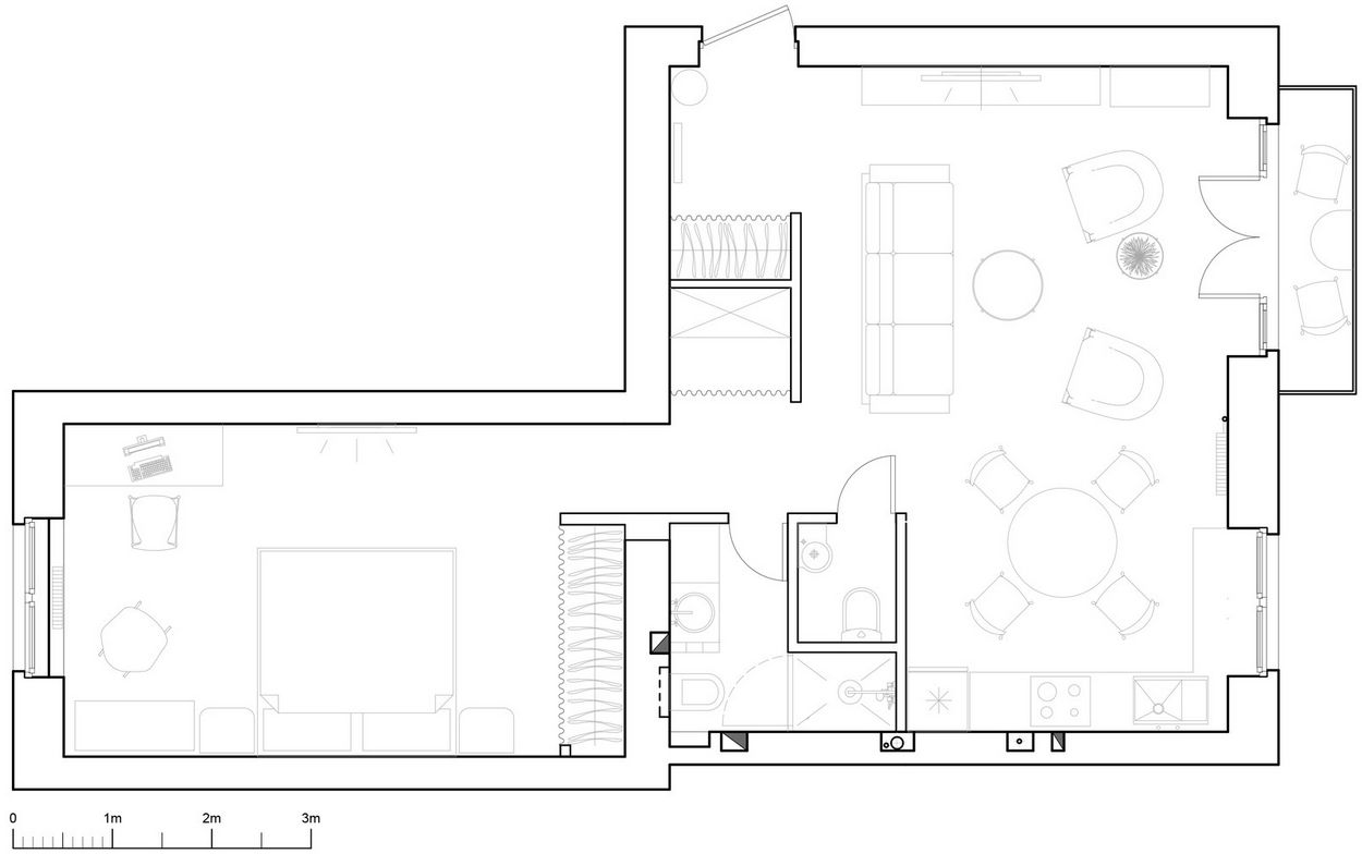Alaprajz - Egy szuper 56m2-es legénylakás - sötétszürke konyha, kontrasztos elemek, meleg fa és tégla felületek