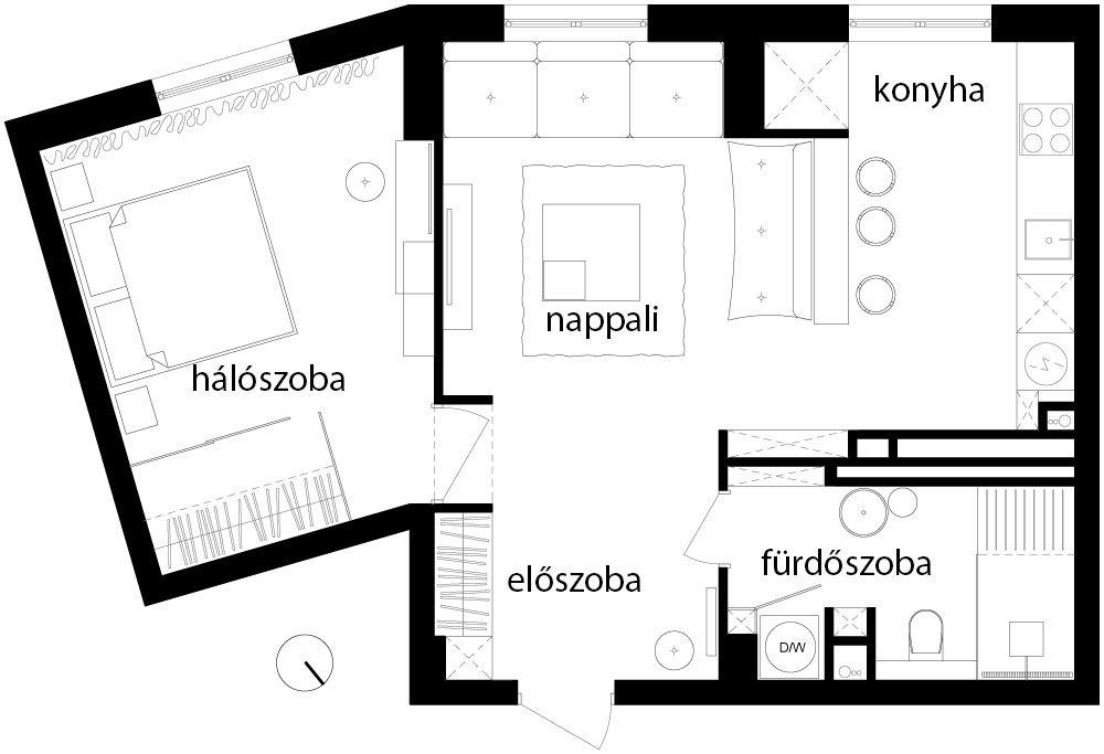 Alaprajz - Új lakás, fiatalos, modern lakberendezés 56m2-en - piros, fekete, fehér és fa