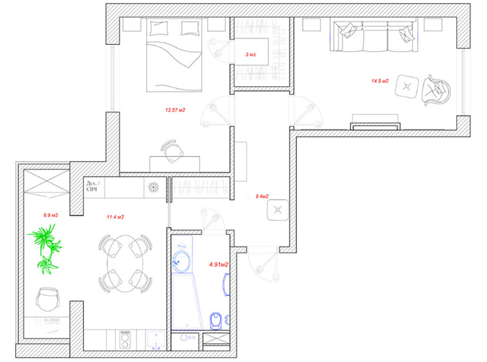 Alaprajz - Három helyiség, 56m2, szabálytalan alaprajz - egy fiatal pár lakásának kényelmes berendezése meleg színárnyalatokkal
