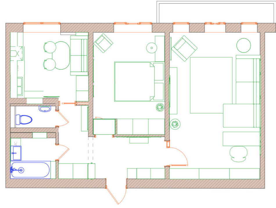Alaprajz - Klasszikus stílusú lakberendezés lágy, kellemes színekkel 60m2-en - egy fiatal pár kétszobás lakása