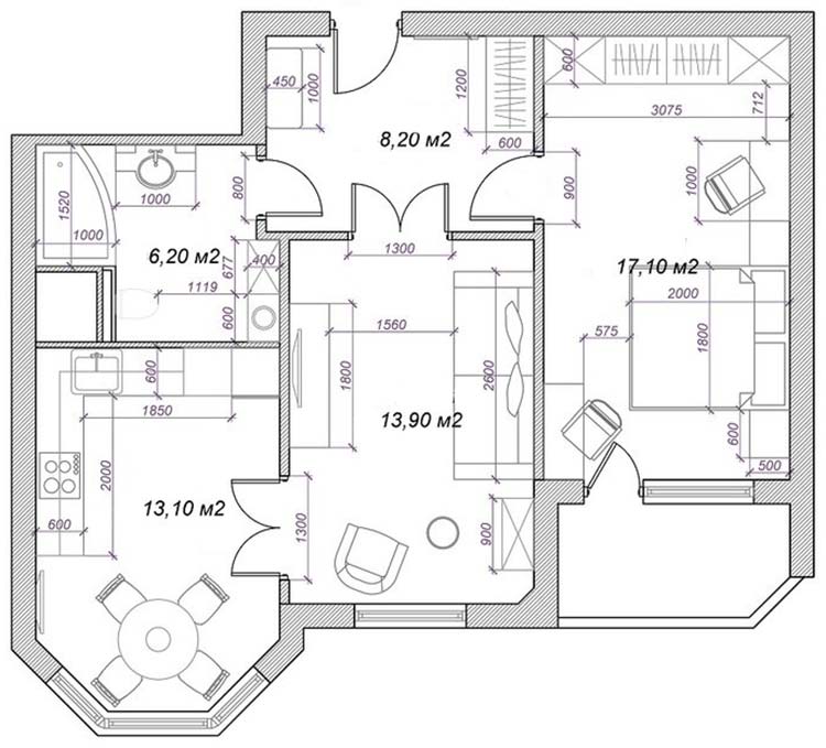 Alaprajz - Modern klasszikus - fiatal hölgy 60m2-es lakása egyszerű formákkal, diszkrét dekorációval