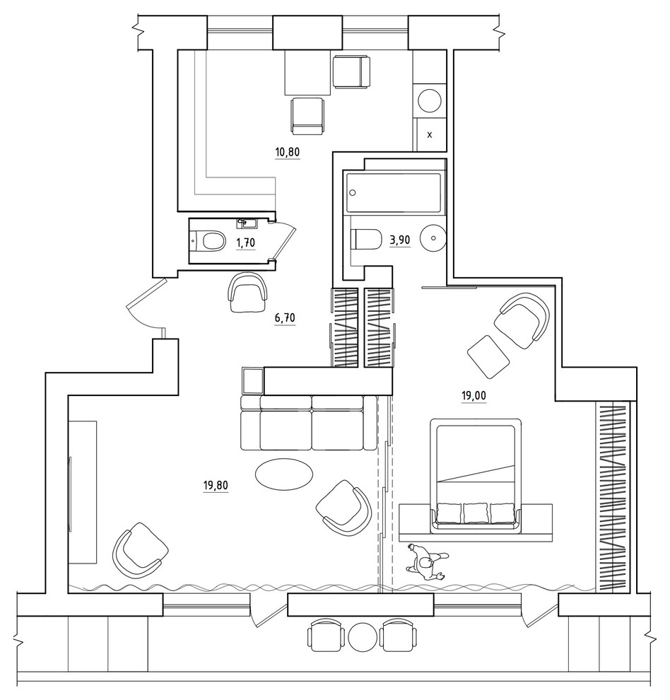 Alaprajz - Férfi 60m2-es kétszobás lakásának berendezése - sárga-fehér konyha, sok fa felület, LED szalagok, ázsiai hangulatú csúszó válaszfal