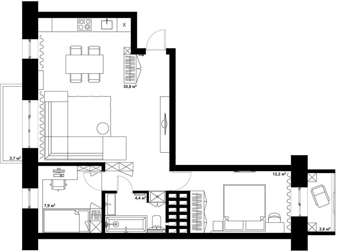 Alaprajz - Letisztult és funkcionális terek, modern, könnyed lakberendezés 60m2-en - fiatal család háromszobás lakása