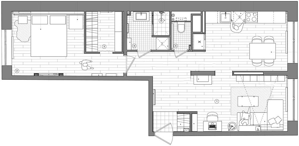 Alaprajz - Egy fiatal pár 60m2-es lakása - geometriai minták, világos fa elemek, skandináv hangulat