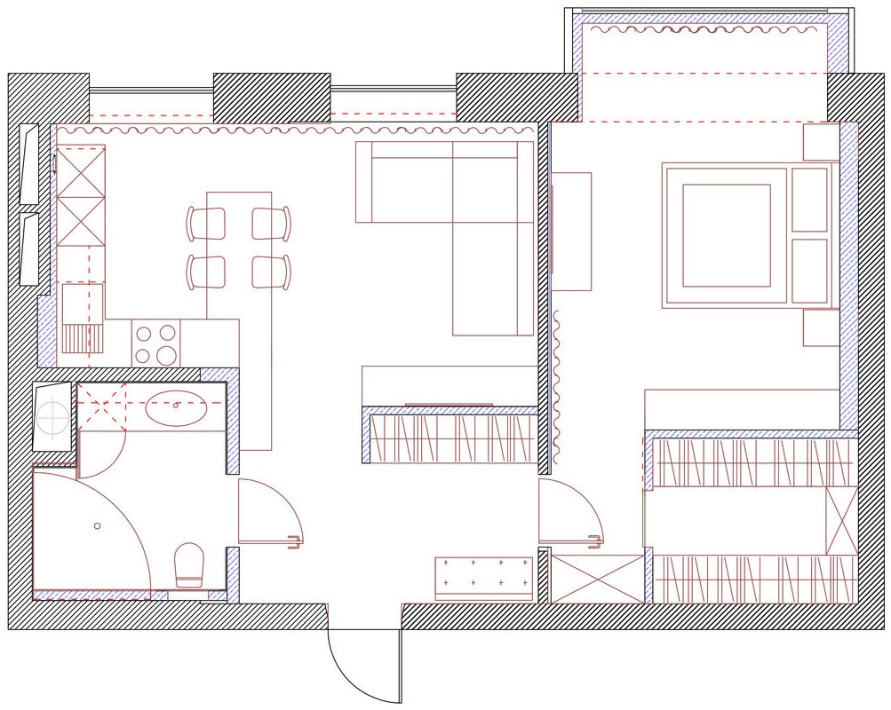 Alaprajz - Kék, barna árnyalatok, sötét fa felületek egy 60m2-es kétszobás lakásban - tágas, kényelmes térszervezés
