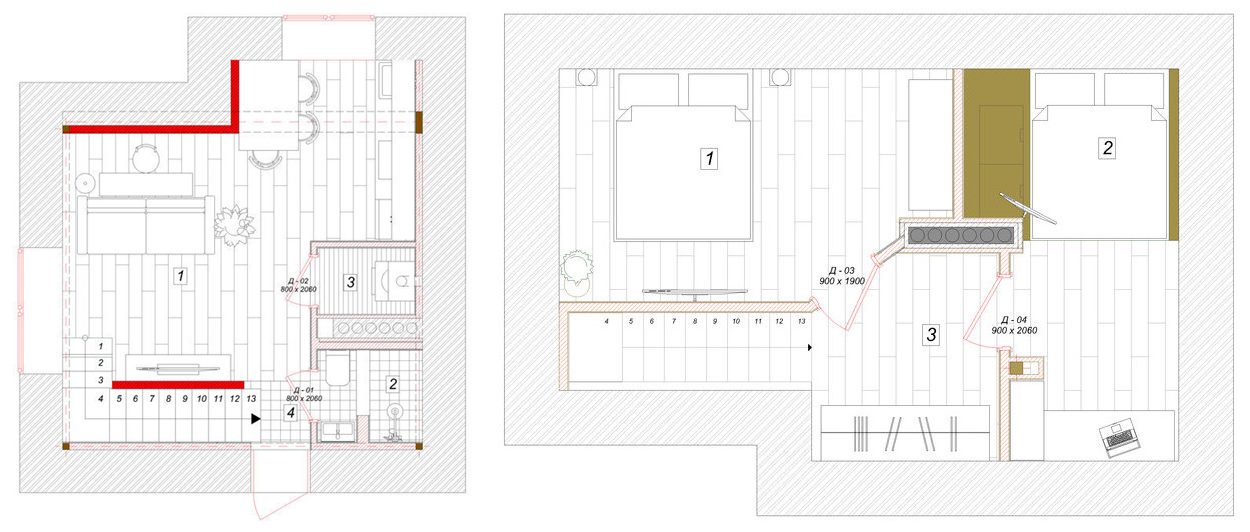Alaprajz - 62m2-es lakás tetőtéri hálószobával - friss, világos berendezés, dekorbeton, fa, tégla
