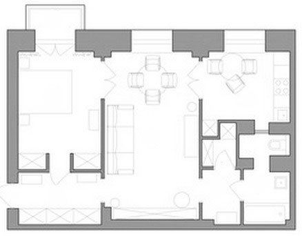 Alaprajz - Klasszikus hangulatban - 62m2-es lakás, sötét tölgy padló, üveges ajtók, könyvespolc