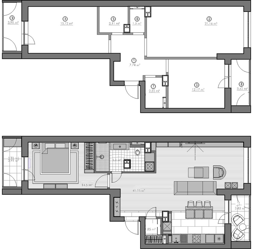 Alaprajz - Tiszta vonalak - 63m2-es lakás berendezése a tér átszervezésével, modern stílusban
