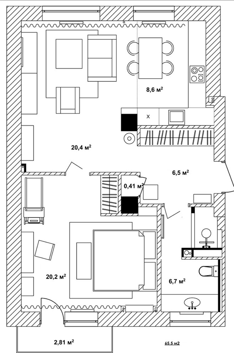 Alaprajz - Lakásdekoráció színes kiegészítőkkel semleges alap színpalettában - 65m2-es kétszobás lakás, egy fiatal pár otthona lakásfelújítás után