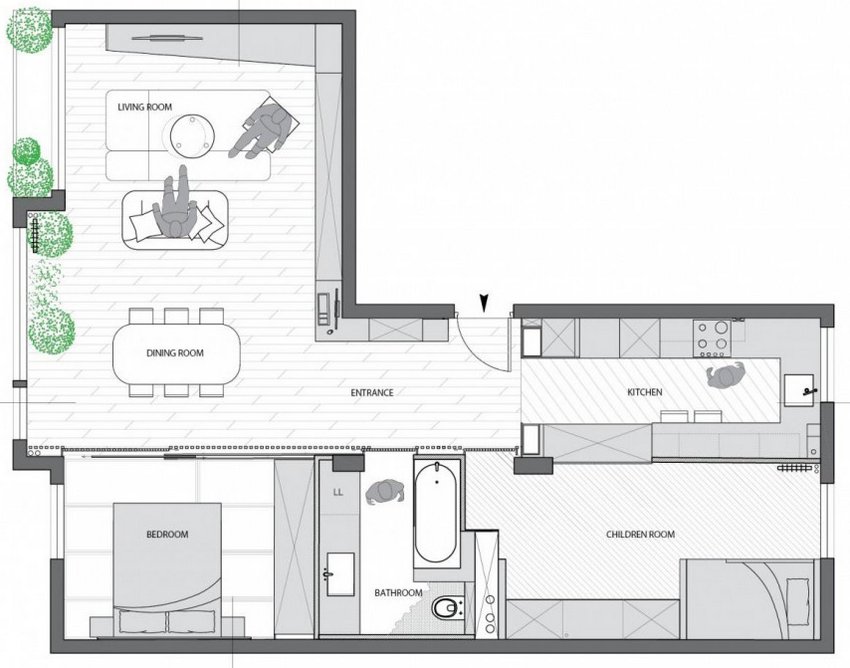Alaprajz - Apa és fia modern otthona - egy 70m2-es lakás lakóterének teljes átszervezése