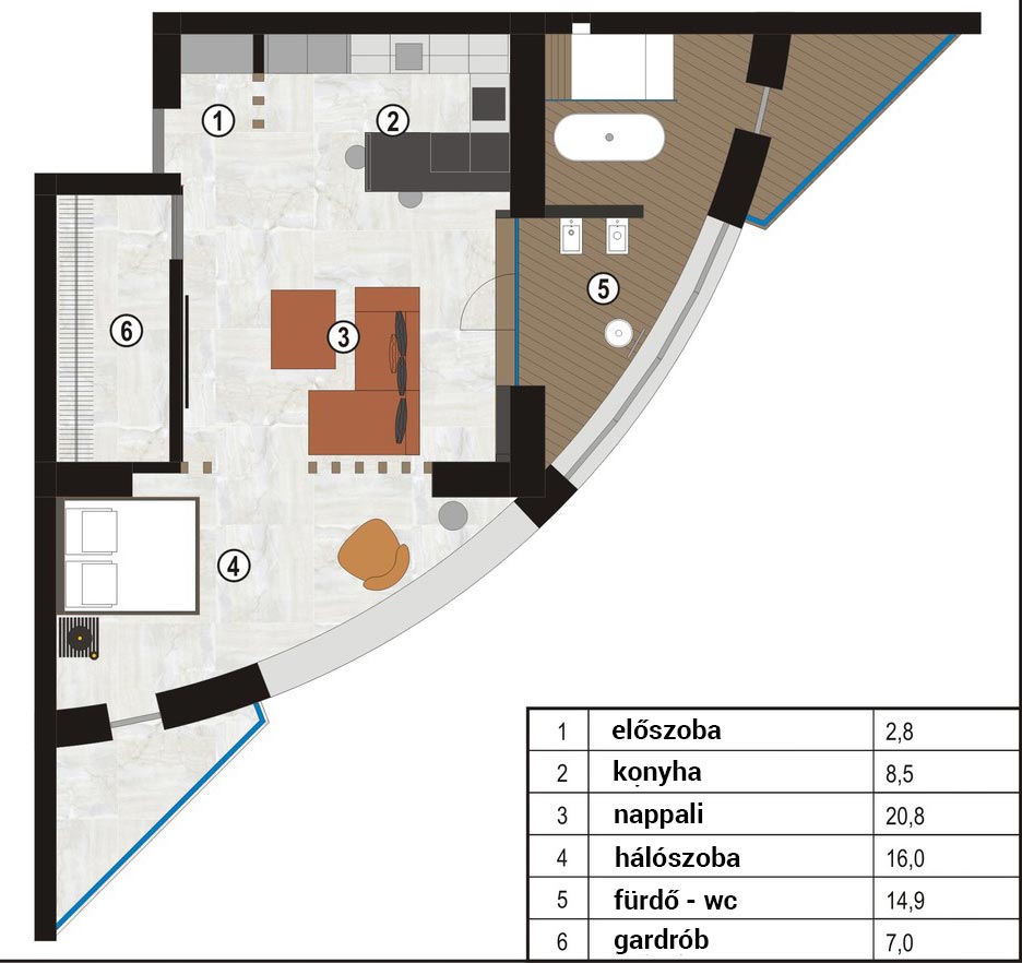 Alaprajz - Különleges: 70m2-es lakás háromszög alakú alaprajzzal - legénylakás modern berendezéssel, nyitott, tágas terekkel