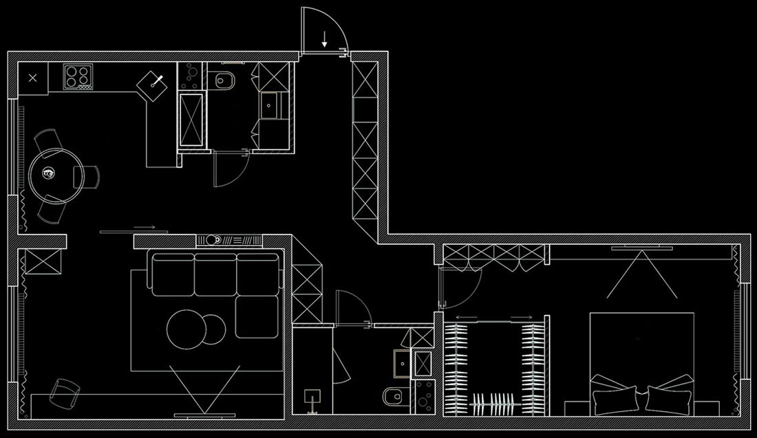 Alaprajz - Különleges színkombináció, minimál lakberendezés egy fiatal pár 70m2-es lakásában - krém, terrakotta és kékeszöld