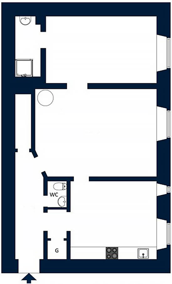 Alaprajz - Különlegesen szép lakberendezés egy 70m2-es kétszobás lakásban - béke és nyugalom, ízléses anyagok és színek, gyönyörű kályha