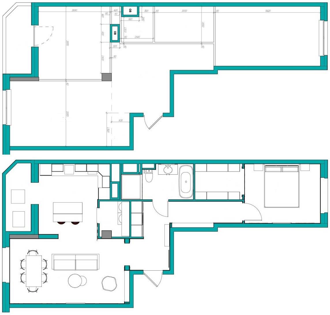 Alaprajz - Világoskék konyha, zöld, kék, vörös falak - 71m2-es lakás látványosan színes és mintás elemekkel
