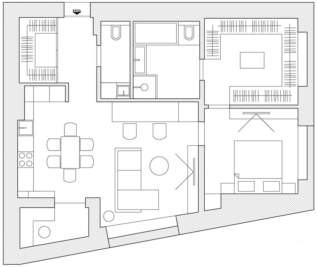 Alaprajz - Modern, természetes lakberendezés fiatalok új kétszobás, 72m2-es lakásában - nagy gardrób-, kényelmes fürdőszoba