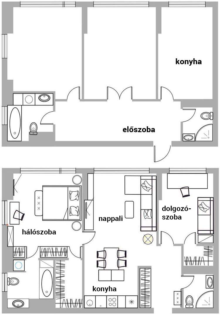 Alaprajz - Új elrendezés a konyha áthelyezésével egy fiatal pár 77m2-es lakásában - praktikusabb élettér, stílusos berendezés, rejtett ajtók