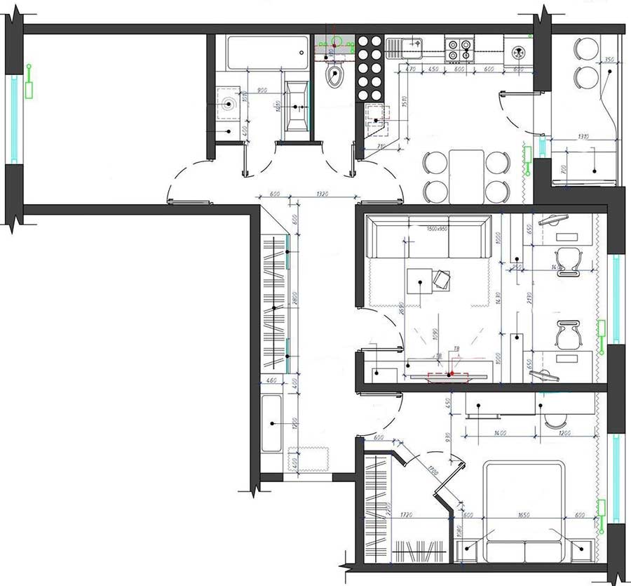 Alaprajz - Sárga-szürke konyha, változatos faldekoráció - 81m2-es háromszobás új építésű lakás lakberendezése