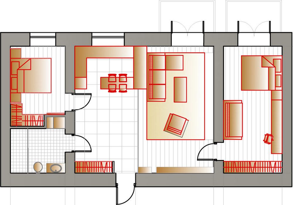 Alaprajz - 82m2-es lakás berendezése - három szoba, bézs, szürke, barna színek, elegáns, modern, természetes hangulat