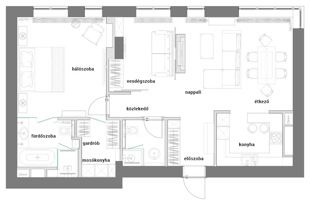 Alaprajz - Nőies lágyabb és markáns elemek együtt egy 82m2-es lakásban - több funkcionális zóna az egyedi igényekhez igazítva