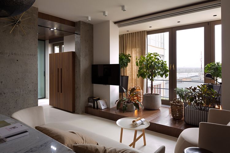 Elegáns, szép lakás, természetes fa elemekkel és egy kevés nyers beton felülettel