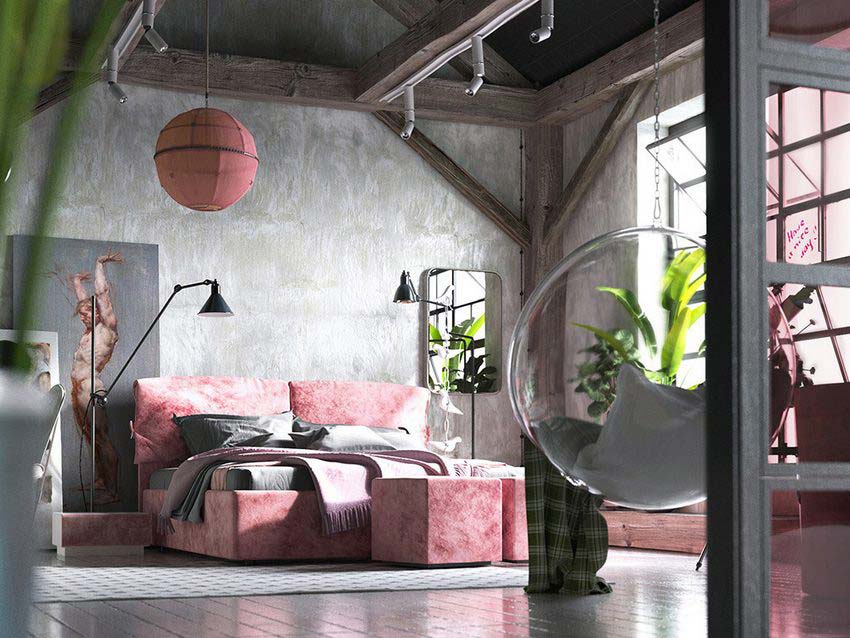 Rózsaszín bútor, gerendák, beton és viharvert fa padló - szokatlan és érdekes kombináció egy tetőtéri szobában