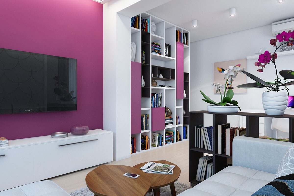 Színes dekoráció ötletek egy kétszobás lakásban - kék, lila, zöld, sárga