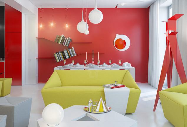 Kis lakás lakberendezési koncepciója élénk sárga és piros színekkel 1