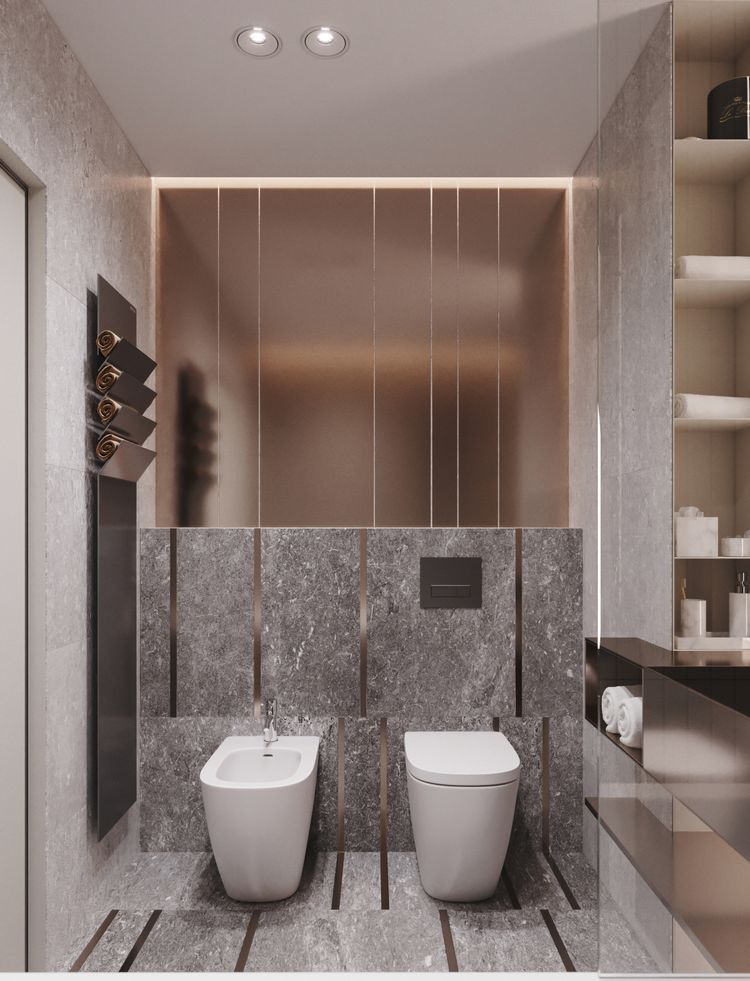 Függőleges vonalak növelik a teret vizuálisan a fürdőkáddal szerelt, wc-vel kombinált fürdőben