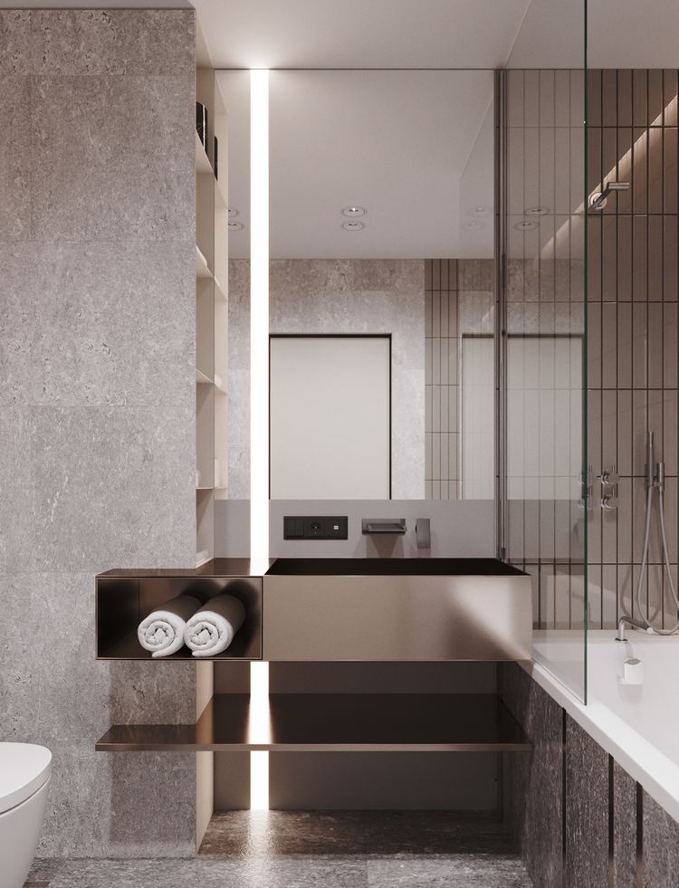 Függőleges vonalak növelik a teret vizuálisan a fürdőkáddal szerelt, wc-vel kombinált fürdőben