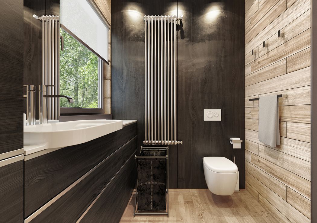 Elegáns és mutatós kerámia fürdőszoba burkolat két eltérő fa színárnyalattal és textúrával