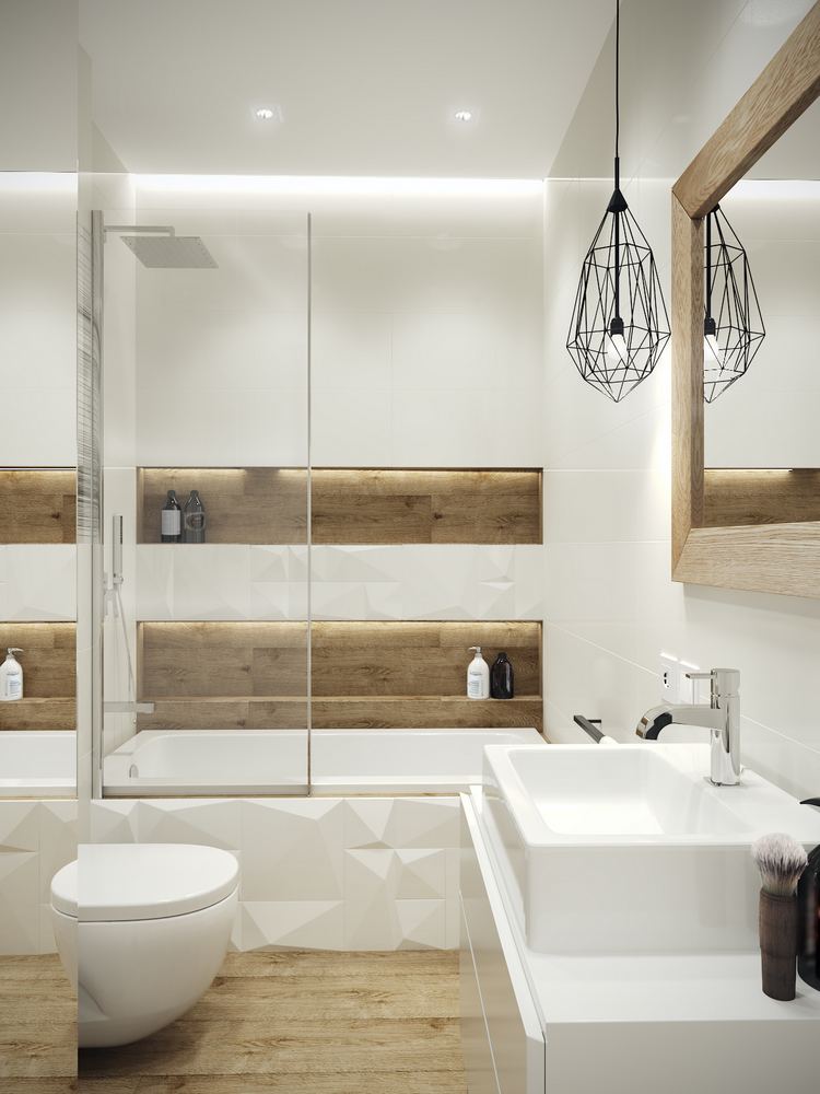 Egy csipetnyi rusztikus hatás egy modern, fehér fürdőszobában