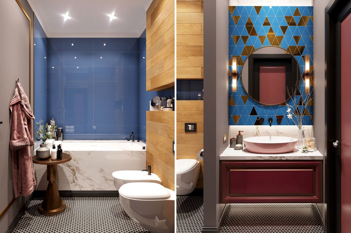 Bátor színkombináció fürdőszobában - szokatlan színek és árnyalatok, különböző csempék érdekes összhangja