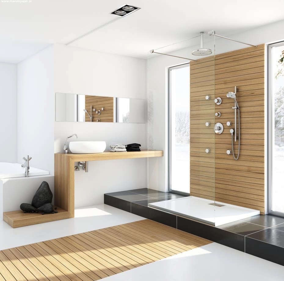 Egyszerű, letisztult, elegáns fürdőszoba, remek ötlet a zuhanyfülkéhez vezető padló- és a fülke falát borító fa hatású burkolat egysége.