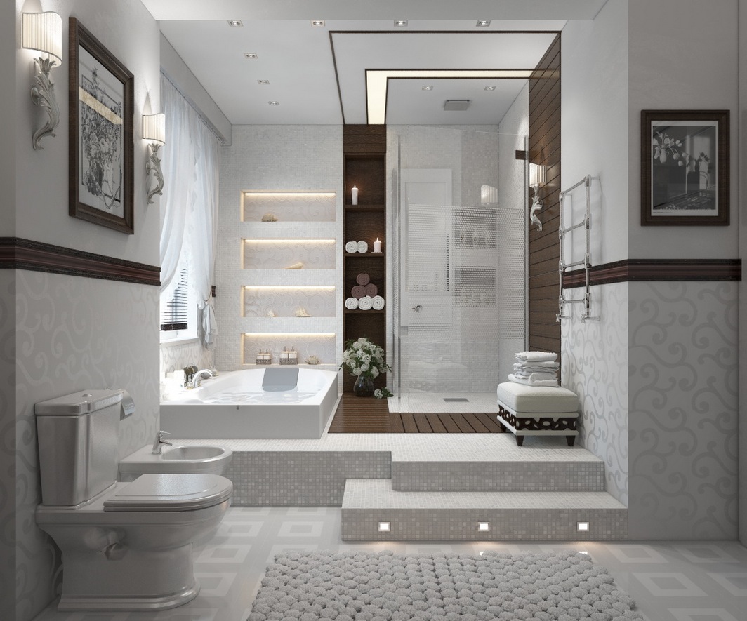 Az utolsó képen egy régi kedvenc fürdőszobánk - kád és zuhanykabin, beugró, megvilágított polcok, szép burkolatok és dekoratív tapéta - csodás, tiszta, világos hangulat