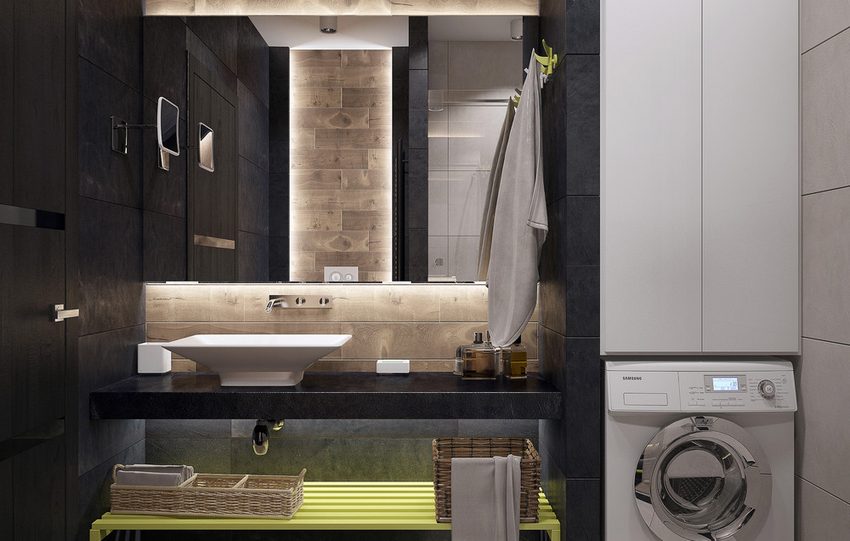 Kis fürdőszoba, elegáns, látványos berendezés - sötét, világos és fa hatású burkolatok