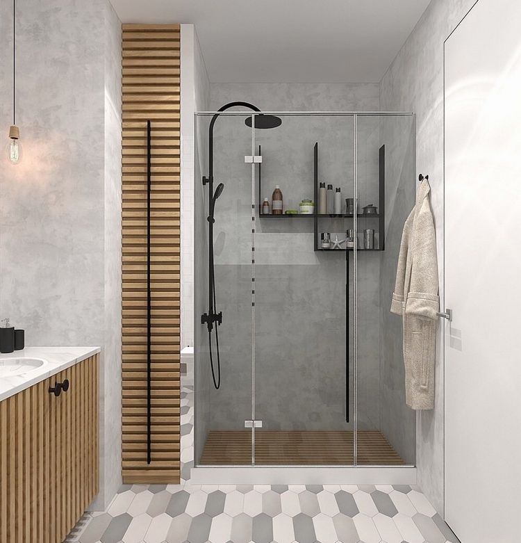 Zuhanyfülkében is használjuk ki a szabad falfelületeket - pl. modern, könnyű fém polcokkal