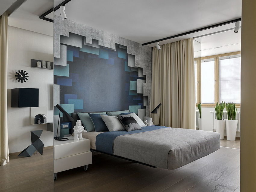 Hálószoba inspiráció - „lebegő” ágy és különleges, nagyméretű mintás tapéta 3D hatással