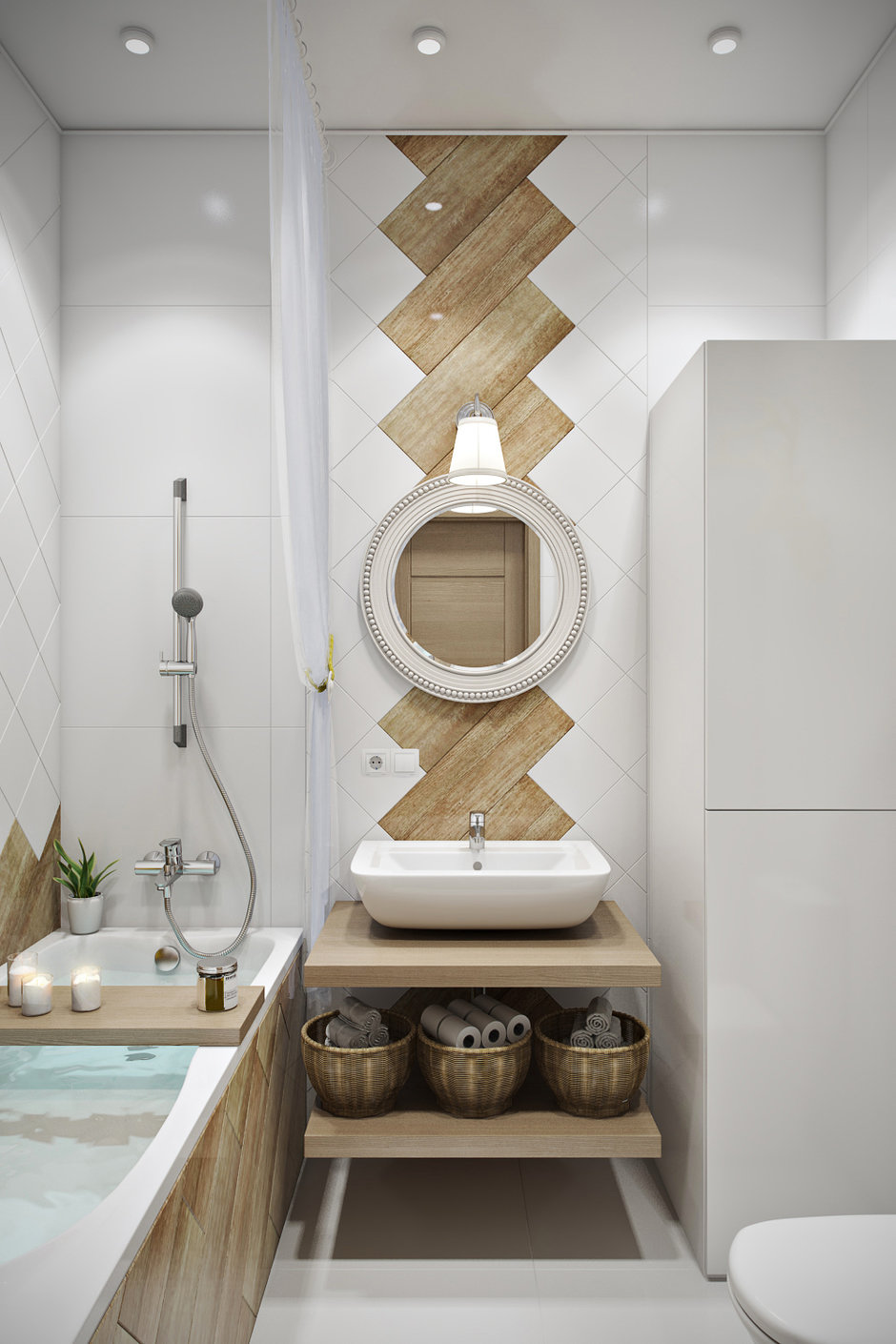 Fahatású és négyzet alakú fehér csempe fürdőszobában - diagonál burkolás, átlósan - tipp 2